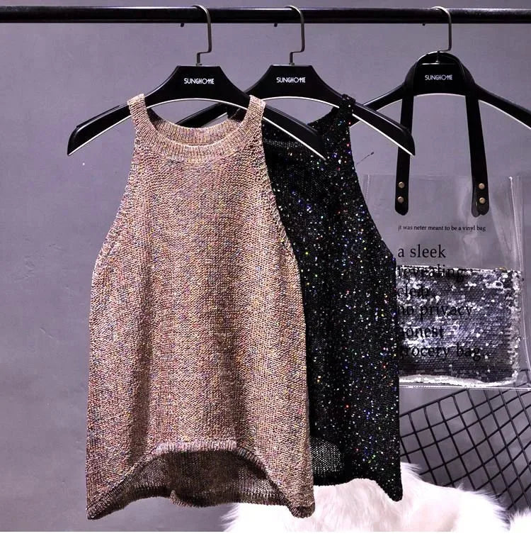 All-Match Summer New Sexy Shoulder Hanging Halter Sequin Strap Ware Shoulder Flash Knitted Hollow Vest Top for Women