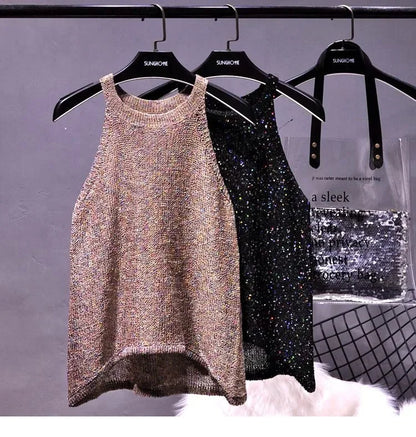 All-Match Summer New Sexy Shoulder Hanging Halter Sequin Strap Ware Shoulder Flash Knitted Hollow Vest Top for Women