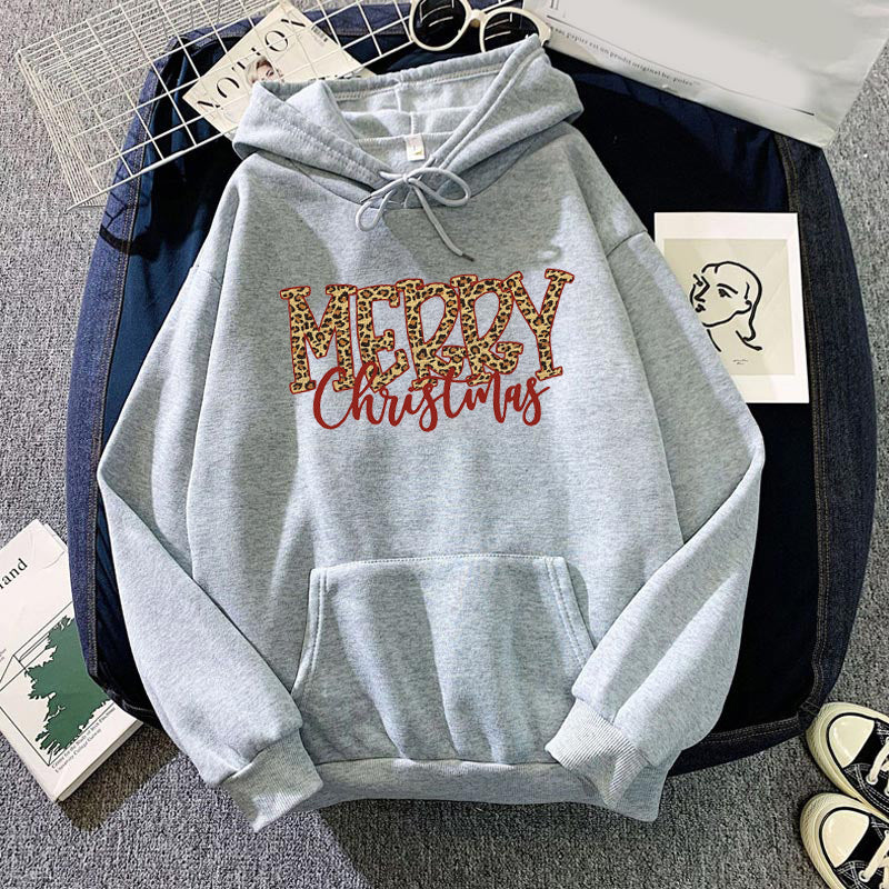 Christmas Leopard Print Merry Christmas Print Hooded Sweatshirt European and American Autumn and Winter Men's and Women's Top Coat