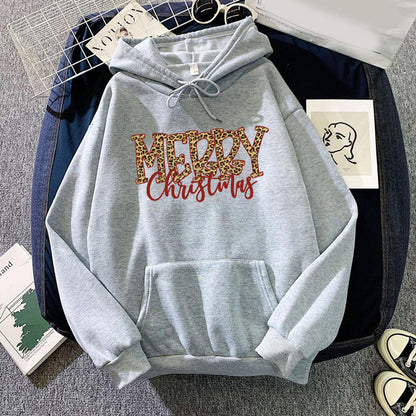 Christmas Leopard Print Merry Christmas Print Hooded Sweatshirt European and American Autumn and Winter Men's and Women's Top Coat