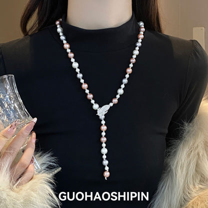 Shijiazu stacked with long pearl necklace women's light luxury temperament sweater chain Joker high sense autumn and winter necklace