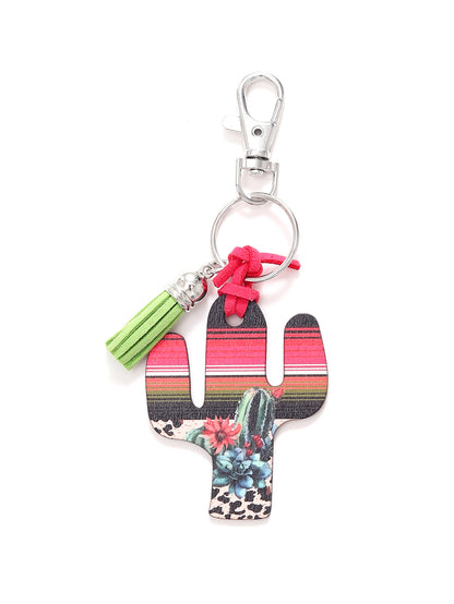 New Wooden Cactus Keychain Leopard Flower Rainbow Sunflower Striped Printed Bag Car Pendant