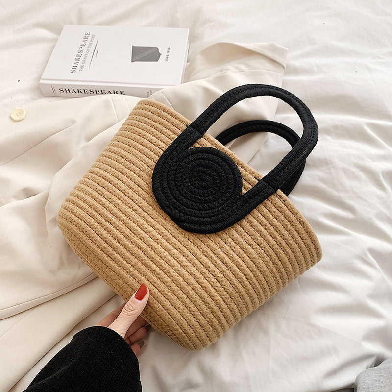 Contrast Cotton Rope Woven Handbag Women's Bag Korean Style Bag New Large Capacity Stylisse Handbag All-match Tote Bag