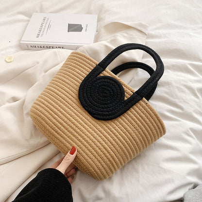 Contrast Cotton Rope Woven Handbag Women's Bag Korean Style Bag New Large Capacity Stylisse Handbag All-match Tote Bag