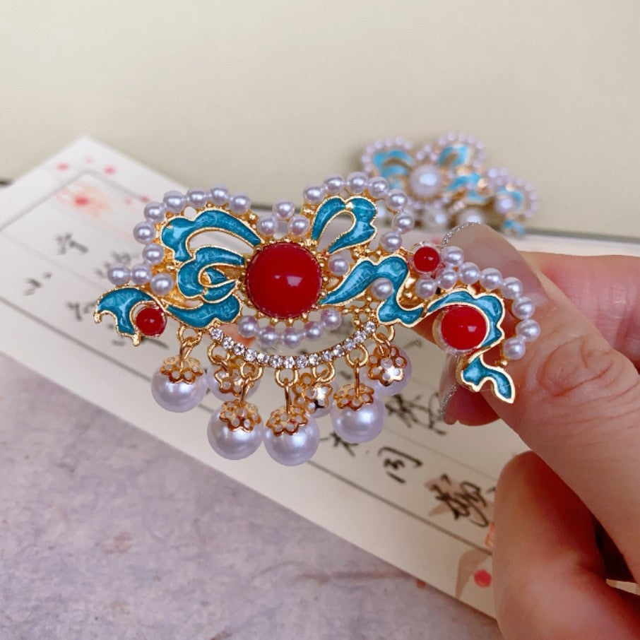 Antique Style Burned Blue Cloud Pearl Hairpin New Chinese Tassel Side Clip Advanced Sense Clip Hair Accessories Headwear Hair Clip