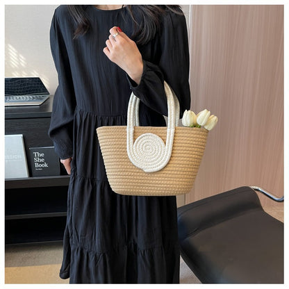 Contrast Cotton Rope Woven Handbag Women's Bag Korean Style Bag New Large Capacity Stylisse Handbag All-match Tote Bag
