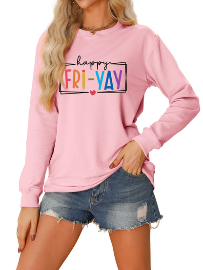 Amazon Ebay Round Neck Sweatshirt Happy Fri Yay Fun Letters Casual Fashion Long-Sleeved Tops in Stock