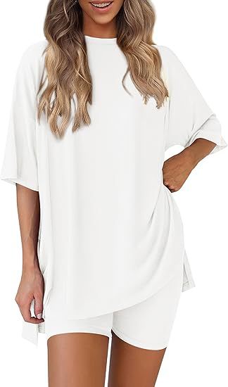 Cross-border foreign trade Amazon 2025 new women's casual round neck split loose shorts short sleeve home clothes suit
