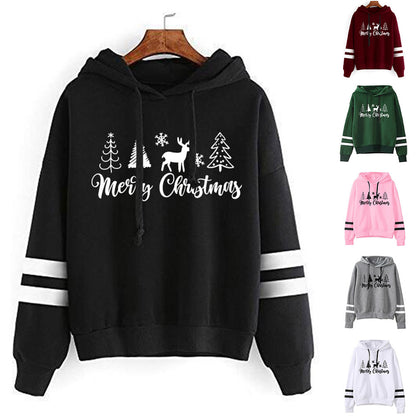Christmas Tree Merry Christmas Print Parallel Bars Hooded Striped Sweatshirt European-Size plus size Men's and Women's Jacket