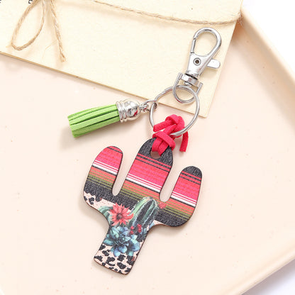 New Wooden Cactus Keychain Leopard Flower Rainbow Sunflower Striped Printed Bag Car Pendant