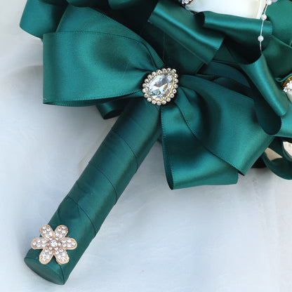 Amazon Supply Dark Green Bride Bridesmaid Simulated Satin Rose Bouquet Church Wedding Supplies Wholesale