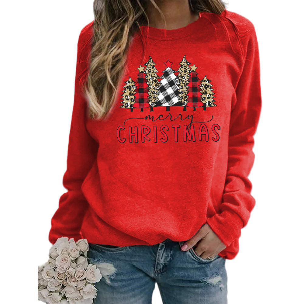 Plaid Christmas Tree merry Christmas Printed Round Neck Sweat European and American Women's Autumn and Winter Top Cross Border