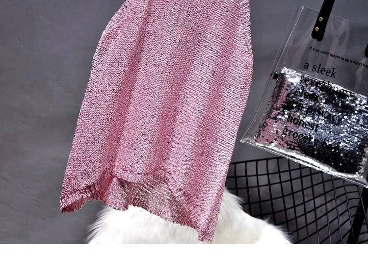 All-Match Summer New Sexy Shoulder Hanging Halter Sequin Strap Ware Shoulder Flash Knitted Hollow Vest Top for Women