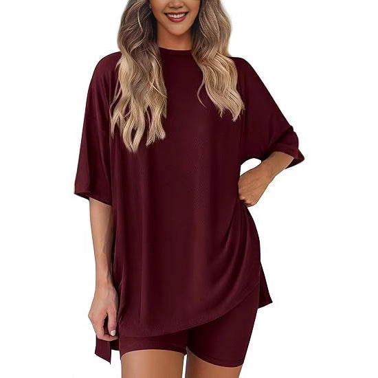 Cross-border foreign trade Amazon 2025 new women's casual round neck split loose shorts short sleeve home clothes suit