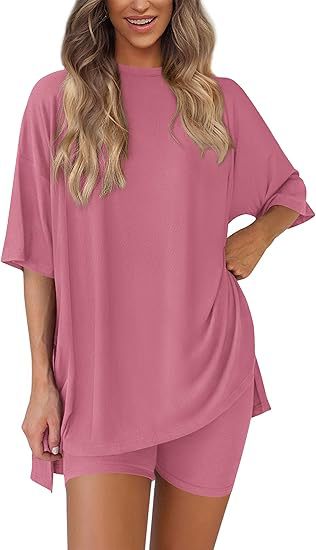 Cross-border foreign trade Amazon 2025 new women's casual round neck split loose shorts short sleeve home clothes suit