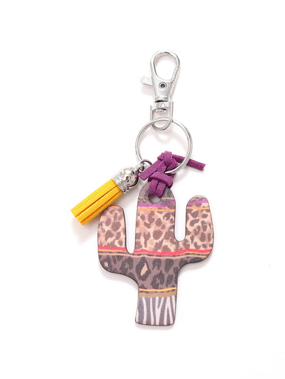 New Wooden Cactus Keychain Leopard Flower Rainbow Sunflower Striped Printed Bag Car Pendant