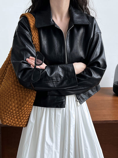 cool handsome high sense ~ lapel leather coat women's spring and autumn Hong Kong style PU leather jacket motorcycle top trendy 9595