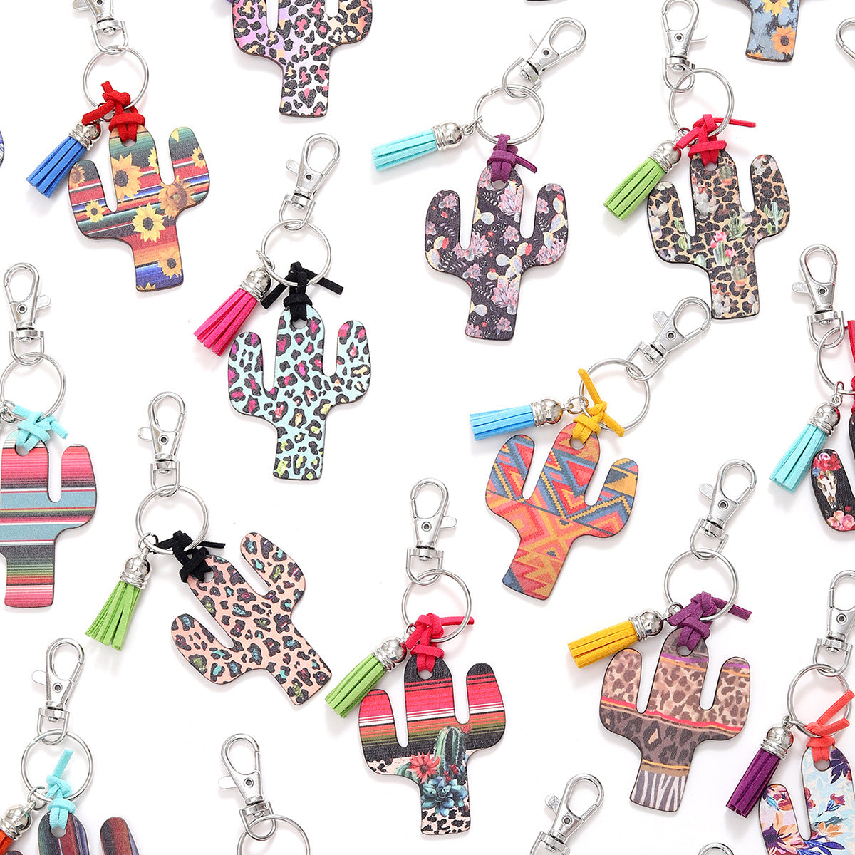 New Wooden Cactus Keychain Leopard Flower Rainbow Sunflower Striped Printed Bag Car Pendant