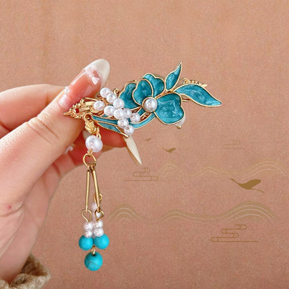 Antique Style Burned Blue Cloud Pearl Hairpin New Chinese Tassel Side Clip Advanced Sense Clip Hair Accessories Headwear Hair Clip