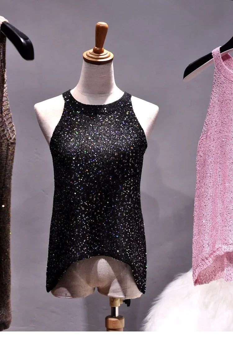 All-Match Summer New Sexy Shoulder Hanging Halter Sequin Strap Ware Shoulder Flash Knitted Hollow Vest Top for Women