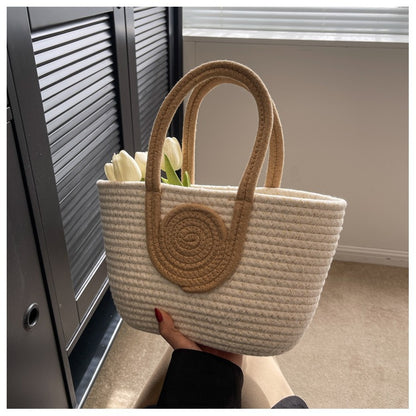 Contrast Cotton Rope Woven Handbag Women's Bag Korean Style Bag New Large Capacity Stylisse Handbag All-match Tote Bag