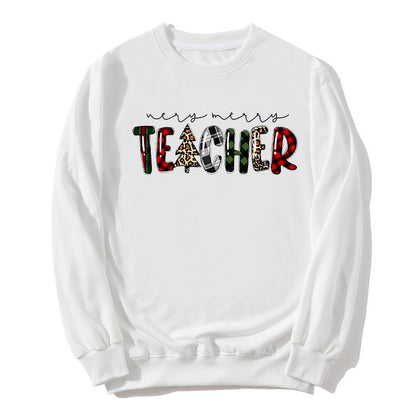 Christmas Tree Plaid Letter Teacher Christmas Printed Round Neck Sweat Autumn and Winter European Men's and Women's Top