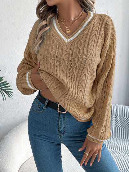 2025 New Autumn and Winter European and American Preppy Style Color-Blocked V Neck Twist Lantern Long-Sleeved Sweater Amazon Cross-Border Women's Clothing