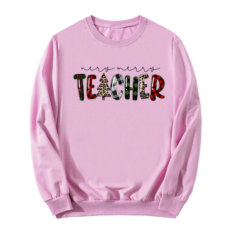 Christmas Tree Plaid Letter Teacher Christmas Printed Round Neck Sweat Autumn and Winter European Men's and Women's Top