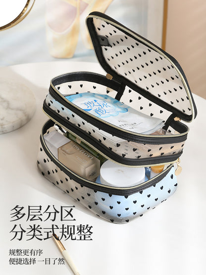 New Style Heart-Shaped Portable Makeup Bag, Single/Double Layer Cosmetic Storage Bag, Simple Mesh Makeup Bag, Travel Makeup Bag
