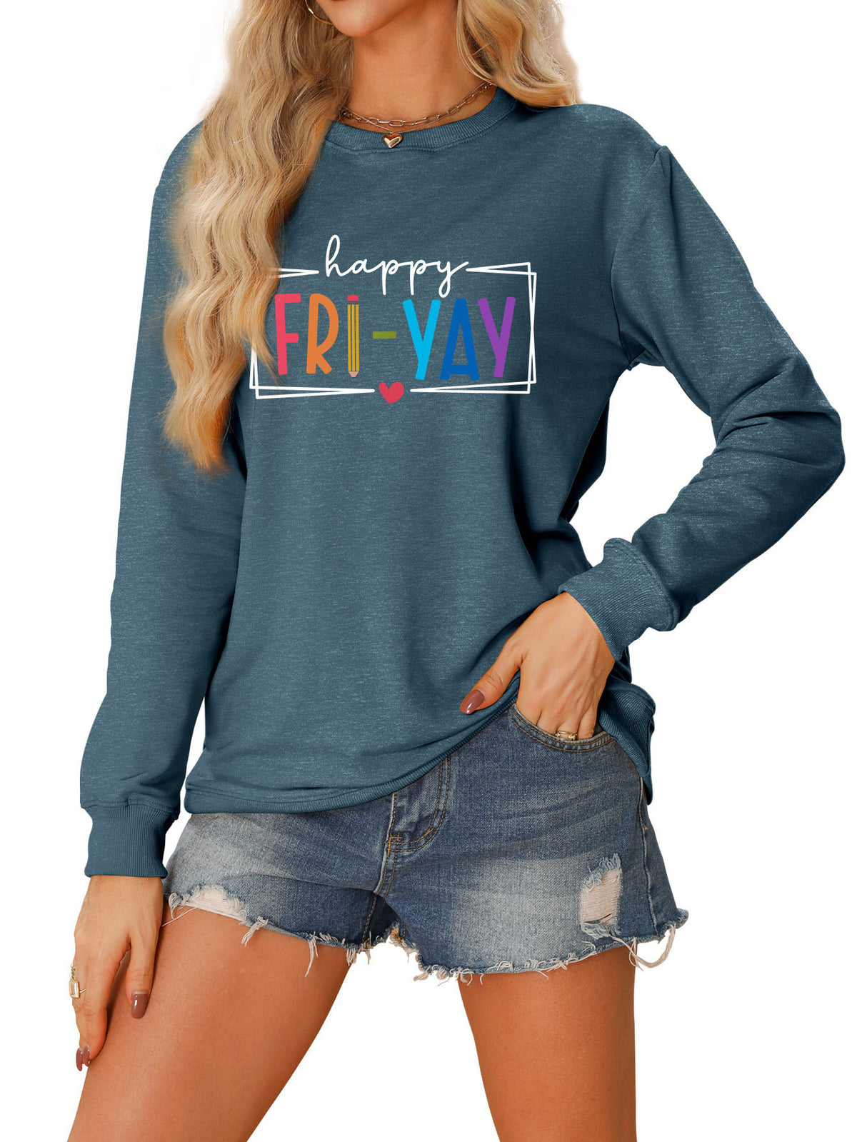 Amazon Ebay Round Neck Sweatshirt Happy Fri Yay Fun Letters Casual Fashion Long-Sleeved Tops in Stock