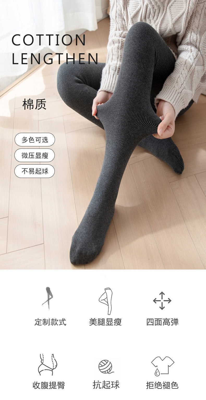 Autumn and Winter Fleece-Lined Thickened Vertical Striped Gray Leggings Ribbed Cotton Outerwear Footed Thermal Pants Women's Tights