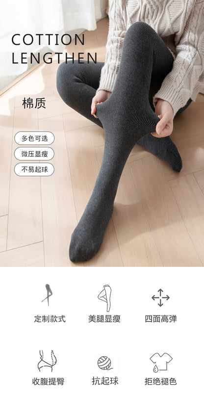 Autumn and Winter Fleece-Lined Thickened Vertical Striped Gray Leggings Ribbed Cotton Outerwear Footed Thermal Pants Women's Tights
