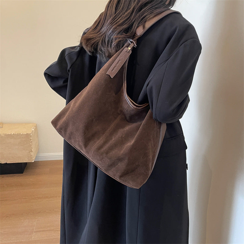 New Suede Shoulder Tote Bag, Fashionable, Simple, Lazy Style, Large Capacity Women's Handbag, Bucket Bag, Mommy Bag