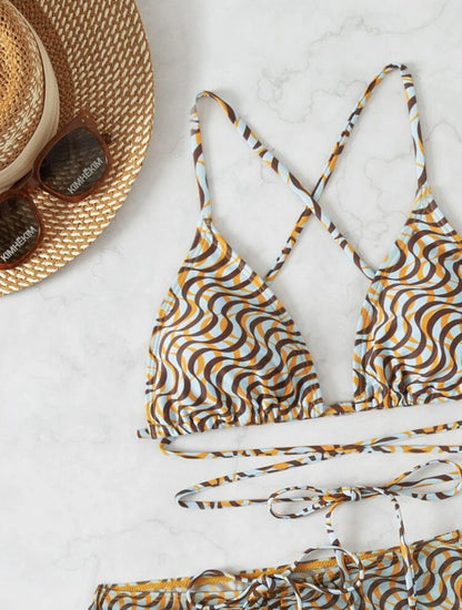 2025 European and American New Drawstring Straps Sexy Three-Piece Swimsuit Bikini Bikini with Veil Cross-Border