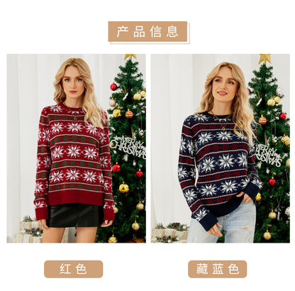 2023 Amazon European and American Crewneck Christmas Red Knitted Shirt Christmas Long Sleeve Little Snowflake Christmas Sweater