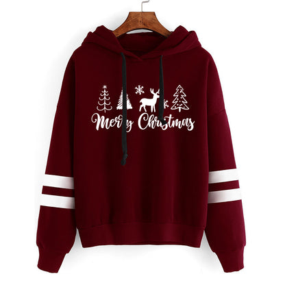 Christmas Tree Merry Christmas Print Parallel Bars Hooded Striped Sweatshirt European-Size plus size Men's and Women's Jacket