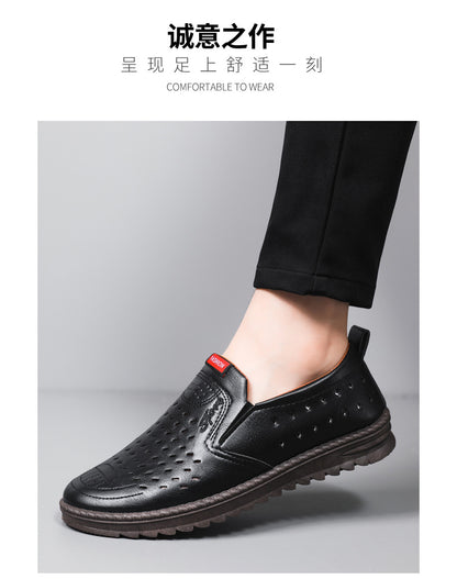 Hollow-Out Leather Shoes for Men, Summer Breathable Soft Leather Low-Top Business Casual Versatile Slip-On Perforated Dad Shoes