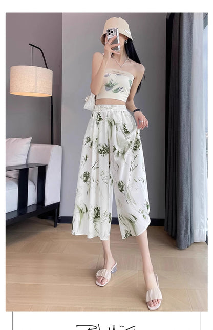 2025 Summer Thin Chiffon Wide-Leg Pants Women's Cropped Culottes Elastic Waist Small National Style Pants New Style Skirt