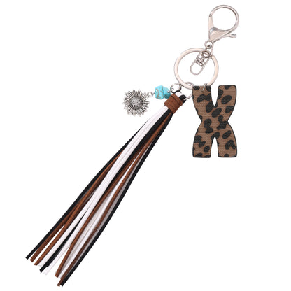 New Western Denim Style Leopard Oil-trimmed Leather Letter A Korean Velvet Tassel Combination Keychain Pendant Bag