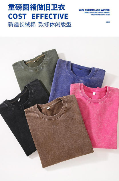 Trendy Brand Heavyweight Pure Cotton Terry 400g Washed Distressed Crew Neck Sweatshirt Hoodie Retro Sweatshirt with Printed Logo