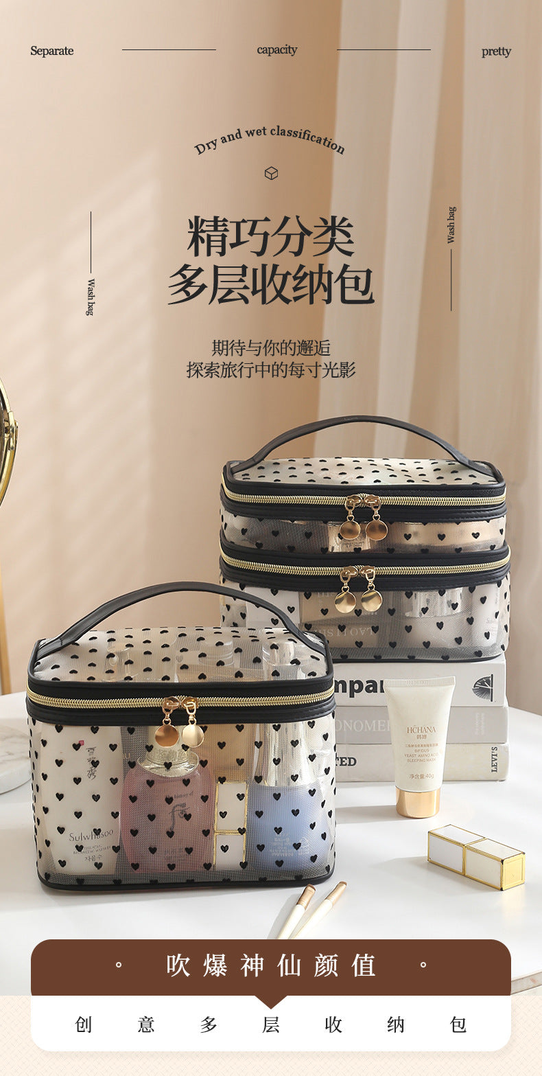 New Style Heart-Shaped Portable Makeup Bag, Single/Double Layer Cosmetic Storage Bag, Simple Mesh Makeup Bag, Travel Makeup Bag
