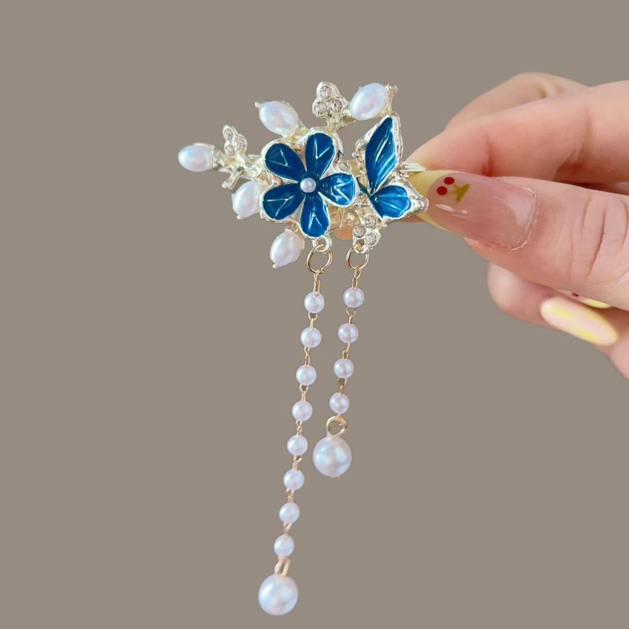 Antique Style Burned Blue Cloud Pearl Hairpin New Chinese Tassel Side Clip Advanced Sense Clip Hair Accessories Headwear Hair Clip