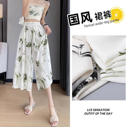 2025 Summer Thin Chiffon Wide-Leg Pants Women's Cropped Culottes Elastic Waist Small National Style Pants New Style Skirt