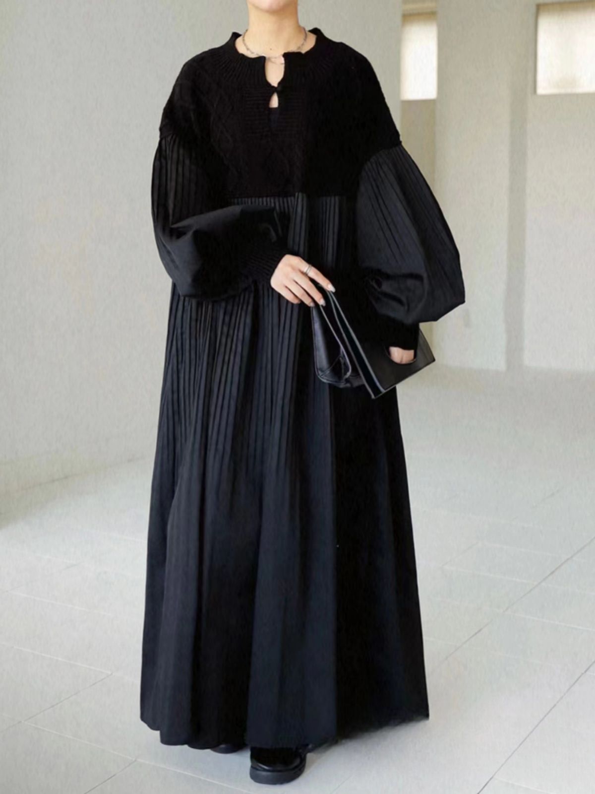2025 Japanese Style Autumn New Pleated Diamond Pattern Sweater Spliced Long Dress in Stock