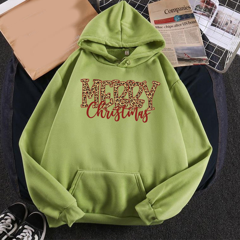 Christmas Leopard Print Merry Christmas Print Hooded Sweatshirt European and American Autumn and Winter Men's and Women's Top Coat