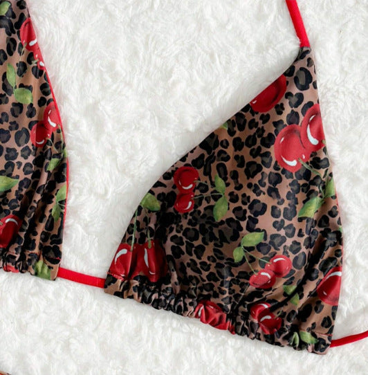 Amazon New Split Swimsuit Women Sexy Red Leopard Cherry Print European and American Bikini Foreign Trade Swimsuit