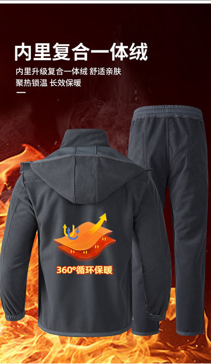 Men's Autumn and Winter Fleece-Lined Thickened Softshell Tactical Outdoor Sports Workwear Suit, Waterproof and Windproof