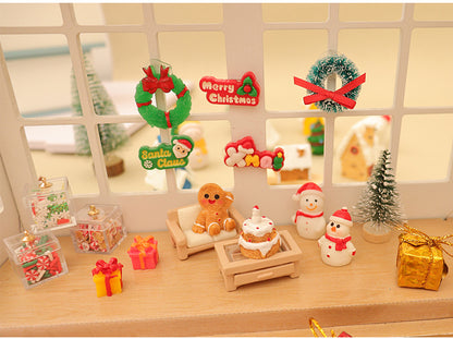 Dollhouse Doll House Snowman Christmas Tree Ginger Biscuit Man Decoration Scene Ornaments Model Christmas Wreath