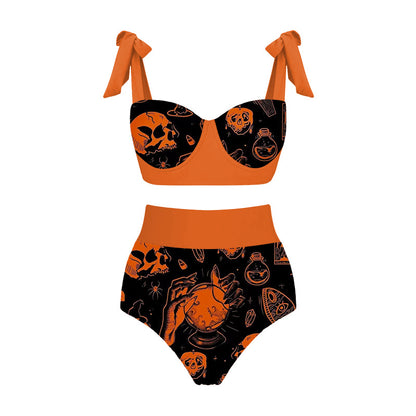 Halloween Limited Edition Swimsuit with Bows, Pumpkin Print Split Swimsuit, Cross-Border Hot Style and Sexy