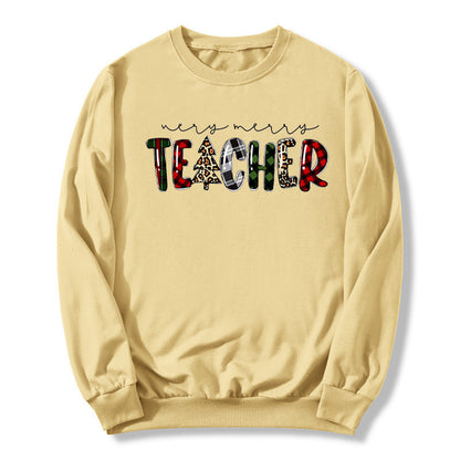 Christmas Tree Plaid Letter Teacher Christmas Printed Round Neck Sweat Autumn and Winter European Men's and Women's Top